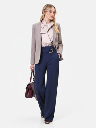 Pantalone a gamba larga blu navy con catenella dorata