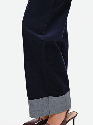Navy Blue Velvet Trousers with Contrast Stitching