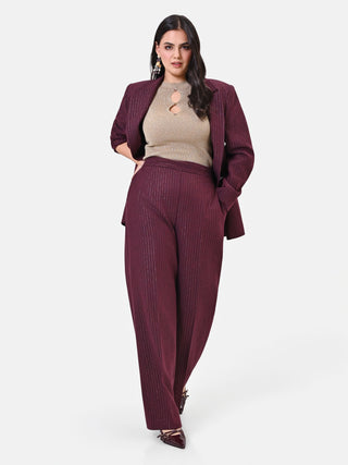 Pantalone Curvy in misto viscosa rosso bordeaux gessato a vita alta