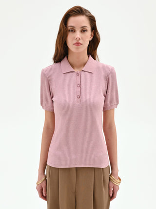 Pink Ribbed-Knit Polo Shirt