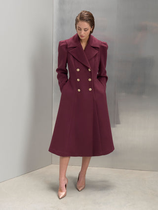Burgundy Red Double-Breasted Flared Coat
