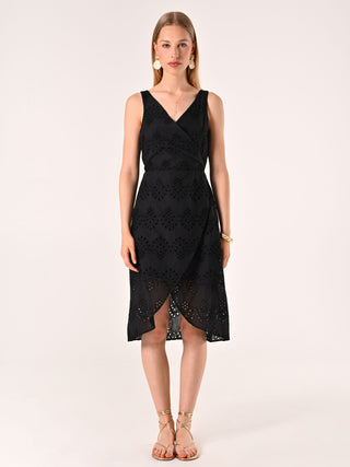 Robe fourreau cache-cœur noire broderie anglaise