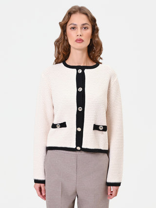 Cardigan bianco panna con profili a contrasto