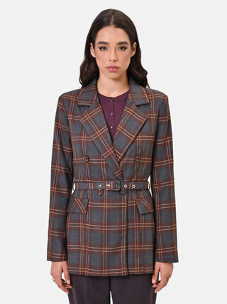 Brown Check Double-Breasted Jacket with Belt