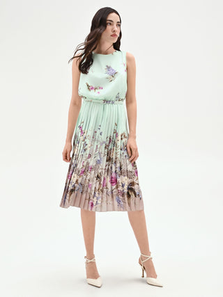 Mint Green Floral Print Pleated Midi Dress Rinascimento Mint Green Floral Print Pleated Midi Dress Rinascimento