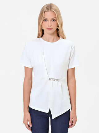 Cream White Draped T-Shirt with Rhinestones