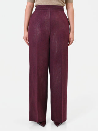 Pantalone Curvy in misto viscosa rosso bordeaux gessato a vita alta