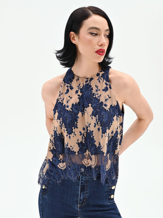 Blue two-tone macramé lace top