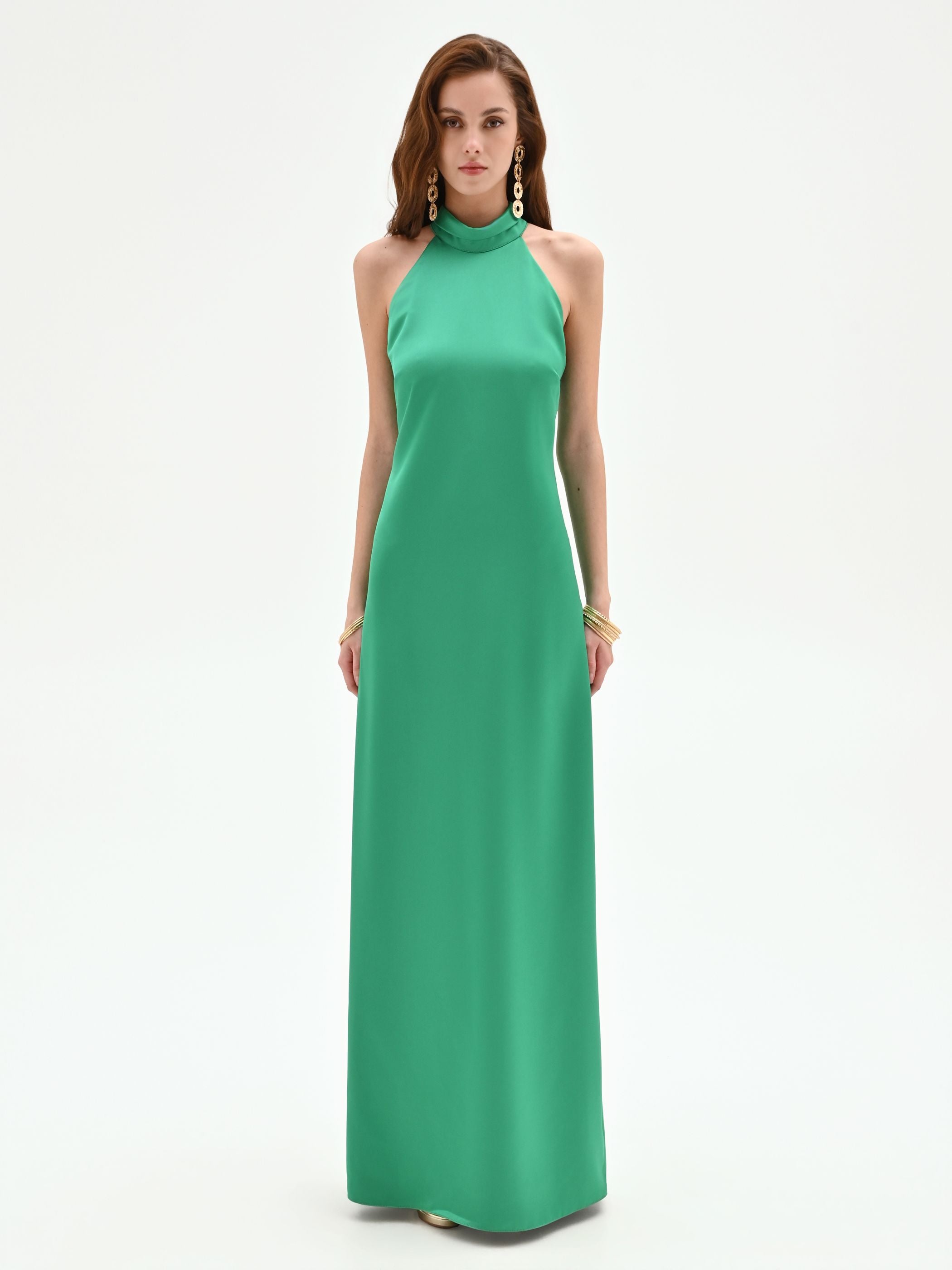 Halter Vestito Verde Satinato Abby Olive Green Halter Maxi Dress Ready To  Ship Azazie