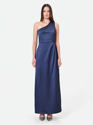 Robe longue drapée asymétrique bleu marine