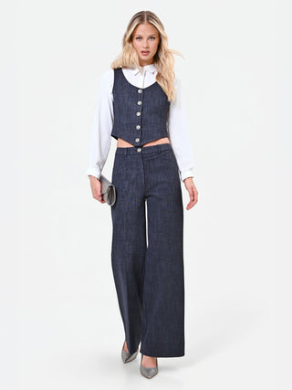Pantalone blu navy a palazzo con risvolto