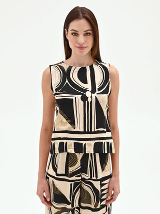 Black Abstract Print Top with Flounced Hem