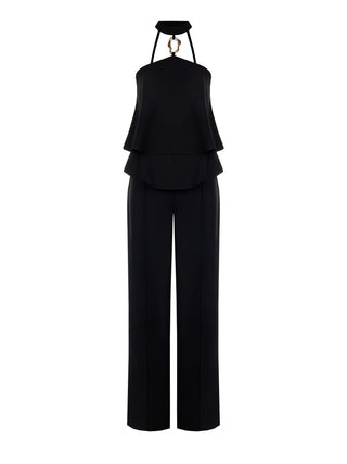 Black Flouncy Jumpsuit with Jewel Detail