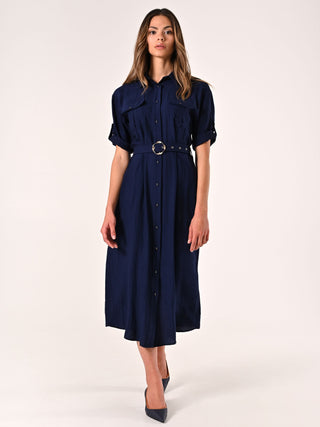 Navy Blue Shirt Dress in Crinkled Viscose Blend