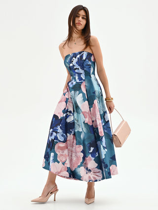 Teal Floral Print Midi Dress