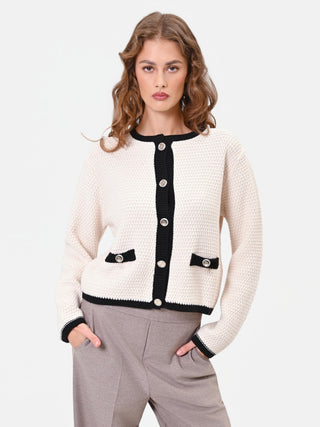 Cardigan bianco panna con profili a contrasto
