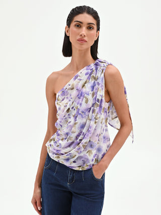 Lilac Floral Print One-Shoulder Top