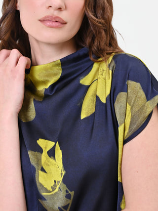 Navy Blue Floral Print Draped Top