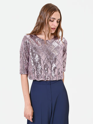 Dusty Rose Diamond-Pattern Sequin Blouse