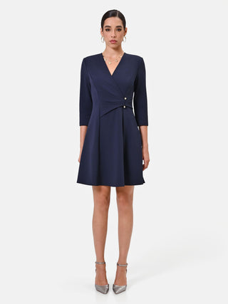 Navy Blue Wrap Dress with Piercing Detail
