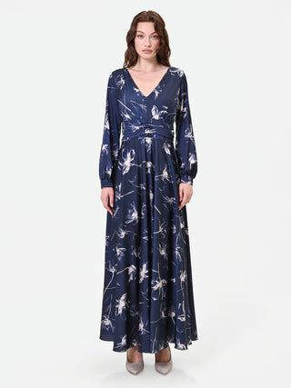 Blue Floral Satin Maxi Dress