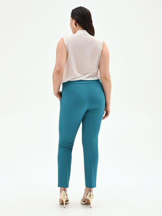 Pantalone Curvy blu ottanio con piega in scuba mano crepe