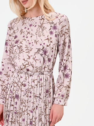 Robe plissée vieux rose à imprimé botanique
