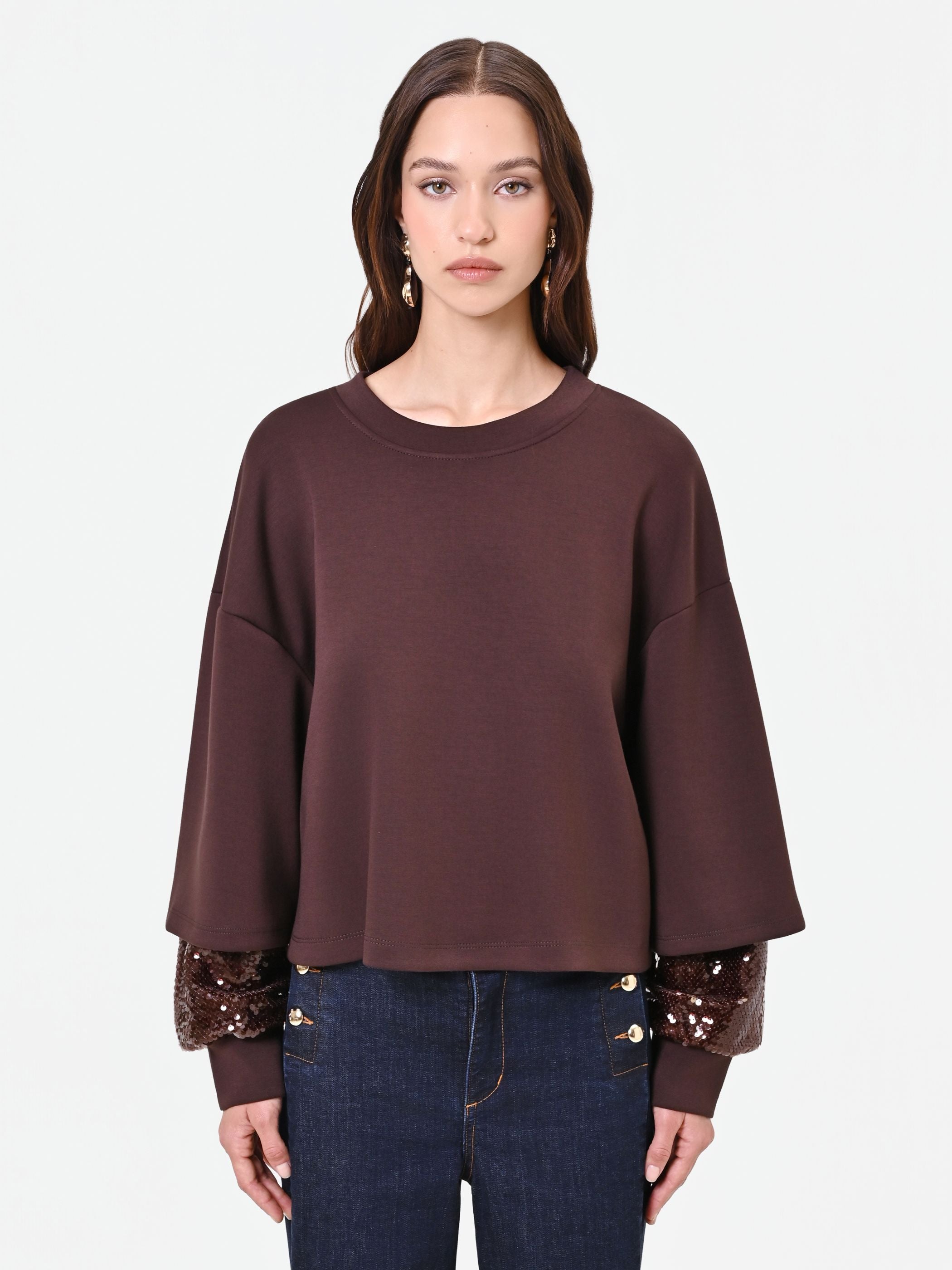 Brown Sweatshirt with Double Sequin Sleeves – Rinascimento