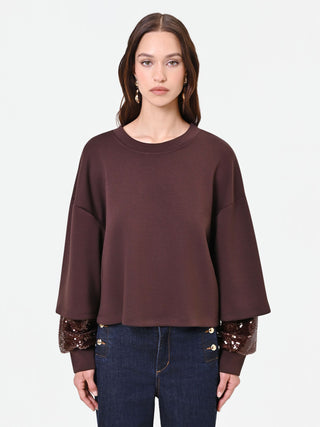 Brown Sweatshirt with Double Sequin Sleeves