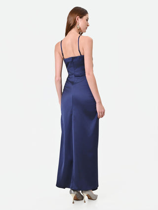 Abito lungo blu navy con nodo e drappeggio