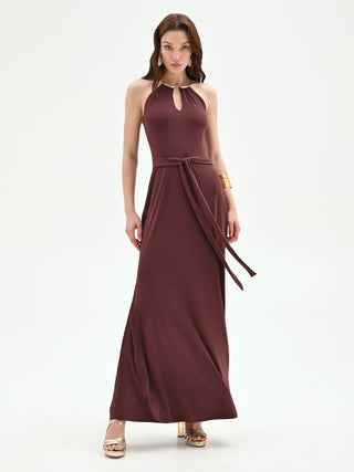 Chocolate long dress with collier detail