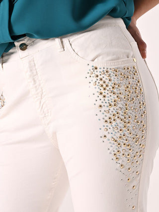 Curvy White Jeans with Studs and Rhinestones