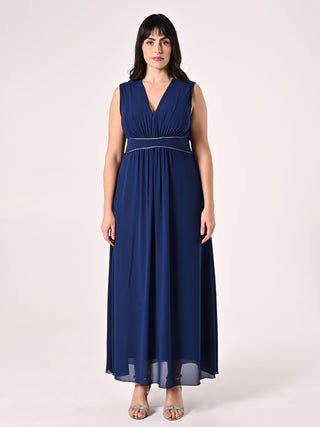 Abito Blu Curvy Lungo con Piping Strass
