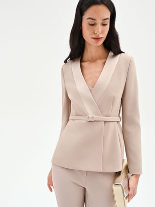 Taupe beige jacket with a belt and satin lapels