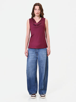 Satin-Top in Bordeaux mit Wasserfallausschnitt