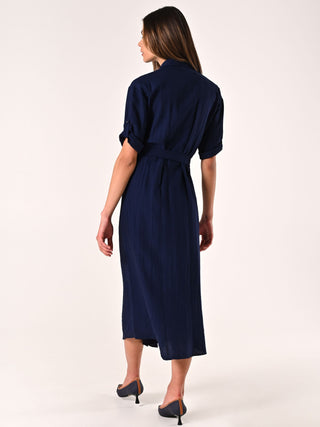 Navy Blue Shirt Dress in Crinkled Viscose Blend