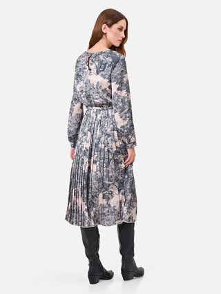 Abito midi grigio toile de jouy con gonna plissettata