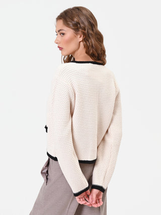 Cardigan bianco panna con profili a contrasto