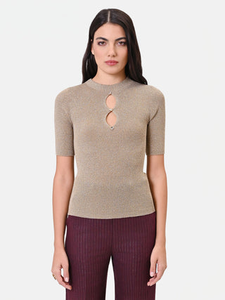 Gold Viscose Top with Cut-Out and Jewel Buttons