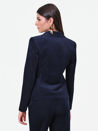 Navy Blue Velvet Double-Breasted Jacket
