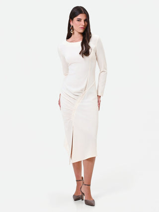Robe midi blanche à drapé asymétrique