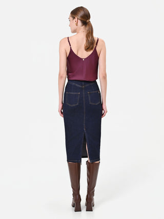 Jupe crayon en denim bleu marine à boutons dorés