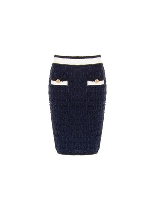 Gonna tubino in maglia blu navy con profili a contrasto