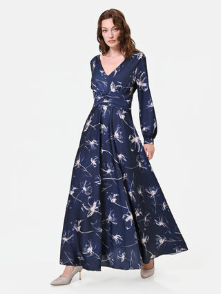 Blue Floral Satin Maxi Dress