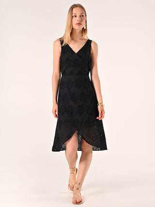 Robe fourreau cache-cœur noire broderie anglaise