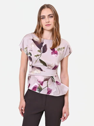 Floral-Print Taupe Satin Blouse