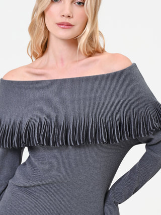 Dark Grey Ruffled Viscose Knit Top