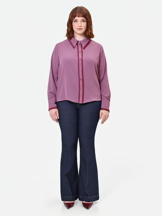 Curvy Antique Pink Satin Shirt with Contrast Piping