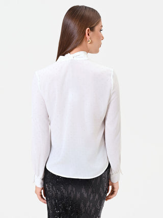 Cream Tie-Neck Blouse with Rhinestones