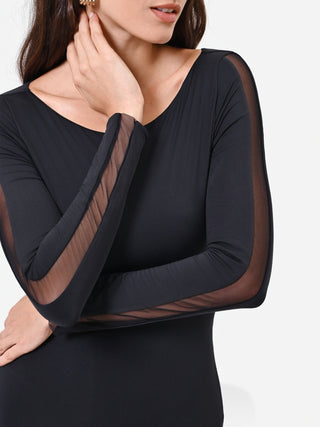 Black long-sleeve microfiber bodysuit with tulle insert